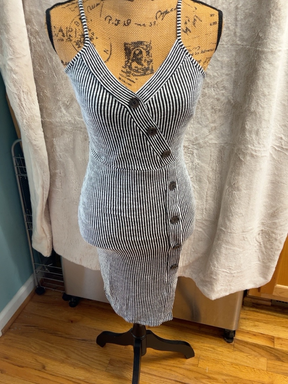 Caution to the Wind Black White Striped Button Midi Dress S